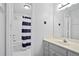 Bathroom featuring a shower/tub, and vanity with modern fixtures and blue and white decor at 2714 Twin Leaf Trl, Marietta, GA 30062