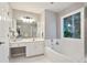 Bathroom featuring tub, glass shower, and vanity with modern fixtures and natural light at 2714 Twin Leaf Trl, Marietta, GA 30062