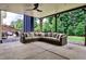 Covered patio with comfortable seating, overlooking a lush backyard at 148 Sierra Cir, Woodstock, GA 30188