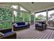 Relaxing screened porch with outdoor seating and a view of the backyard and lush greenery at 148 Sierra Cir, Woodstock, GA 30188