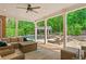 Relaxing outdoor living space with comfortable couches, a fireplace, and a view of the pool and lush greenery at 325 Edwards Brook Ln, Canton, GA 30115