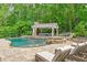 Inviting pool and spa area surrounded by lush landscaping and an outdoor kitchen with covered lounge at 325 Edwards Brook Ln, Canton, GA 30115