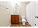 Neutral bathroom with a wood vanity, modern toilet, wood look floors and a large mirror at 1489 Belmont Hills Dr, Suwanee, GA 30024