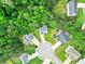 Aerial perspective showcases the backyard and houses nestled within a mature tree canopy at 6561 Squire Pl, Douglasville, GA 30135