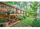 Backyard featuring decorative wooden fence with ornamental plants and shelving, offering a tranquil outdoor space at 4611 Dogwood Rd, Pine Lake, GA 30072