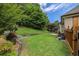 Well-maintained backyard with green lawn, mature trees, and tasteful landscaping details at 1997 Shaker Falls Ln, Lawrenceville, GA 30045
