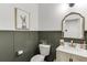Powder room with paneled walls, decorative mirror, brushed gold faucet and bunny rabbit art at , Lawrenceville, GA 30044
