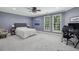 Serene bedroom featuring soft blue walls, neutral carpet, and two windows providing ample natural light at 119 Kennemer Ct, Johns Creek, GA 30097