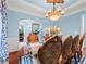 Dining room boasts hardwood floors, wainscoting, chandelier, blue walls, and elegant furnishings at 7060 Summit Ridge Chase, Cumming, GA 30041