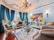 Elegant living room with custom ceiling mural, chandelier, hardwood floors, and refined furnishings at 7060 Summit Ridge Chase, Cumming, GA 30041