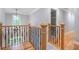 Staircase featuring wood railing with black metal spindles and hardwood flooring at 386 Link Rd, Alpharetta, GA 30022