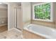 Bright bathroom featuring a soaking tub with a view, a separate shower, and a walk-in closet at 191 Orchard Dr, Canton, GA 30115