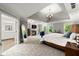 Spacious main bedroom boasts a tray ceiling, fireplace, and ensuite bathroom at 979 Pathview Ct, Dacula, GA 30019