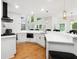 A modern kitchen with white cabinetry, quartz countertops, modern pendant lights, and stainless steel appliances at 5535 Buck Hollow Dr, Alpharetta, GA 30005