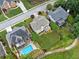 Aerial view of a backyard and inviting pool in a neighborhood with lush lawns and mature trees at 580 River Valley Dr, Dacula, GA 30019