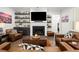 Cozy living room featuring a fireplace, built-in shelving, and comfortable leather seating at 124 Calder Dr, Alpharetta, GA 30009
