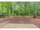 Large backyard features a wood fence, trees, leaves and a small concrete patio at 10795 Glenbarr Dr, Johns Creek, GA 30097