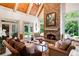 Bright living room featuring a stone fireplace, vaulted ceilings, and French doors leading to the backyard at 3639 Paper Mill Se Rd, Marietta, GA 30067