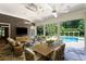 Inviting outdoor patio with furniture, pool and view of the lush backyard and garden at 3639 Paper Mill Se Rd, Marietta, GA 30067