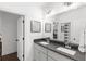 Bright bathroom featuring a double vanity, dark granite countertop and modern chrome fixtures at 281 Green Hill Rd, Atlanta, GA 30342