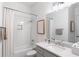 Bathroom featuring a tiled shower/tub combination and a vanity with granite countertop at 281 Green Hill Rd, Atlanta, GA 30342