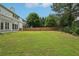 Wide shot of a large backyard with green grass, a wood fence and a shaded patio at 153 Towey Trl, Woodstock, GA 30188