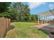 Large backyard with a well-maintained lawn, a wooden fence, and a covered patio area at 153 Towey Trl, Woodstock, GA 30188