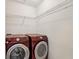 Laundry room with red front-loading washer and dryer and storage shelves at 153 Towey Trl, Woodstock, GA 30188
