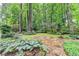 Beautiful backyard garden featuring stone pathway, green lawn, and mature trees at 5507 Martina Way, Dunwoody, GA 30338