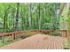 A spacious wooden deck with wood railings overlooks a serene, tree-filled backyard, perfect for outdoor relaxation and entertaining at 5507 Martina Way, Dunwoody, GA 30338