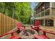 Backyard area featuring a stone fire pit with red Adirondack chairs at 1143 Brookhaven North Cir, Brookhaven, GA 30319