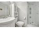 Bright bathroom featuring a stand up shower with glass door and a modern vanity at 3115 Chimney Cove Ln, Cumming, GA 30041
