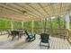 Inviting covered deck with wood flooring, ceiling fan, and comfortable seating overlooking a serene wooded area at 3115 Chimney Cove Ln, Cumming, GA 30041