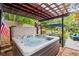 Hot tub is set under a pergola next to a backyard patio with plenty of comfortable seating at 425 Starfire Ct, Suwanee, GA 30024
