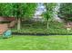 Landscaped backyard features plush lawn, flowering plants and hillside providing a great view at 6360 Waveland Dr, Cumming, GA 30040