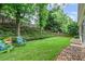 Secluded backyard features a grassy lawn, landscaping and gravel beds near home's exterior at 6360 Waveland Dr, Cumming, GA 30040
