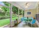 A screened porch with a table and chairs, a ceiling fan, and views of the backyard at 6360 Waveland Dr, Cumming, GA 30040