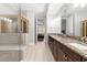 Bathroom featuring double vanity, a walk-in glass shower and a luxurious wooden sauna at 3280 Stillhouse Se Ln # 410, Atlanta, GA 30339