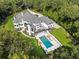 Aerial view of backyard oasis with inviting pool, lounge chairs, and a spacious manicured lawn at 330 Longvue Ct, Johns Creek, GA 30097