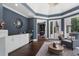 Blue living room area featuring a small sink, mini refrigerator, stylish decor, and comfortable seating at 330 Longvue Ct, Johns Creek, GA 30097