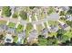 Aerial shot of a property surrounded by lush trees, a swimming pool, and well-manicured landscaping at 445 Sweet Ivy Ln, Lawrenceville, GA 30043