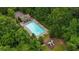 Aerial view of the neighborhood pool and playground surrounded by lush trees at 162 Ledgewood Mill Way, Lawrenceville, GA 30045