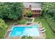 Aerial view showcases backyard with pool, patio, and lush greenery, ideal for outdoor enjoyment at 2578 Morgan Lake Ne Dr, Marietta, GA 30066