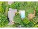 Aerial view of backyard with a swimming pool, patio, and lush greenery, perfect for outdoor entertaining at 2578 Morgan Lake Ne Dr, Marietta, GA 30066