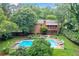 Backyard aerial view of an inviting pool surrounded by lush greenery with charming residential home at 2578 Morgan Lake Ne Dr, Marietta, GA 30066