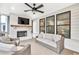 Cozy screened-in porch featuring a fireplace, TV, plush seating, and ample natural light at 401 Pirkle Ave, Buford, GA 30518