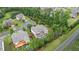 An aerial view showcases a charming home featuring a rear screened porch and lush landscaping at 2040 Bloomfield Ct, Cumming, GA 30041