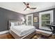 This bedroom offers a modern ceiling fan, and two shuttered windows bringing in natural light at 29 Greenland Trce, Atlanta, GA 30342