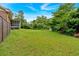 Spacious backyard featuring a well-manicured lawn, mature trees, and a screened porch, perfect for outdoor enjoyment and relaxation at 597 Rich Davis Rd, Hiram, GA 30141