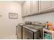 Modern laundry room with gray cabinets and new washer and dryer at 5767 Wembley Dr, Douglasville, GA 30135